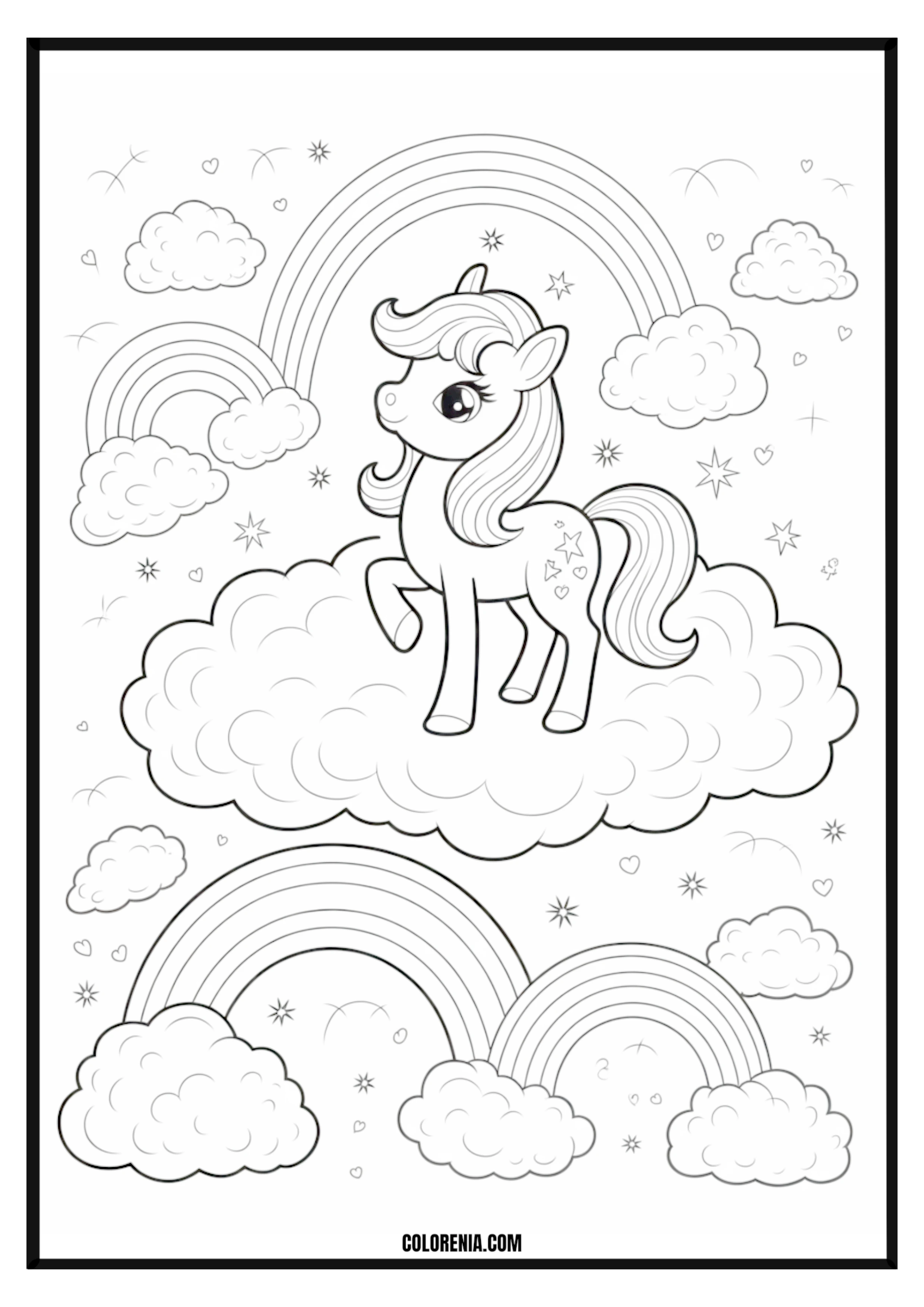 Unicorn Clouds Rainbows Coloring Page Unicorn flying through clouds and rainbows coloring page.