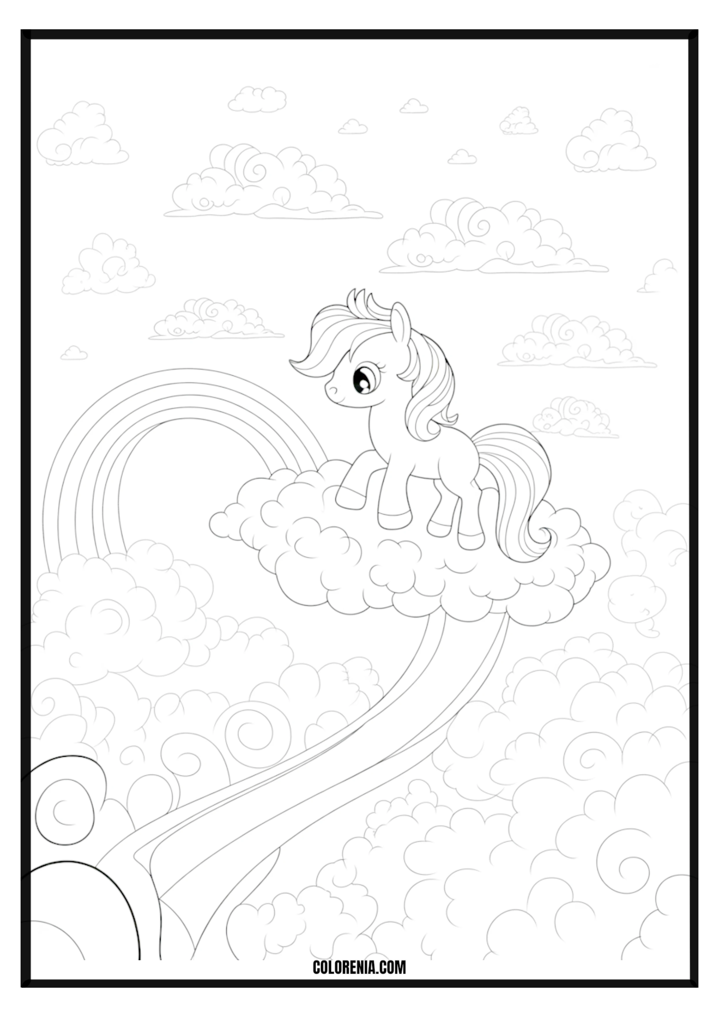 Unicorn on a Cloud with Rainbow Coloring Page Unicorn resting on a cloud with a rainbow coloring page.