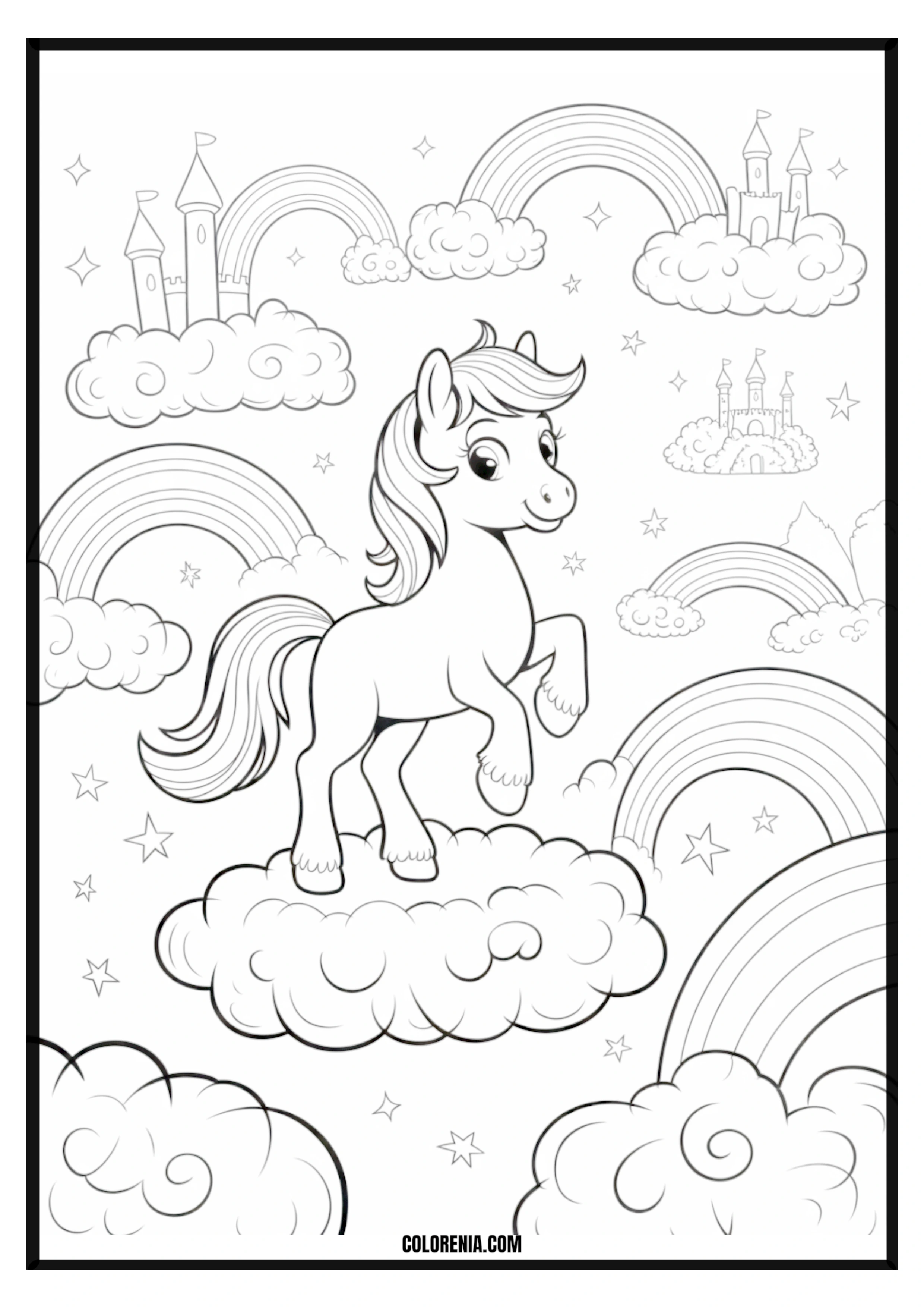 Unicorn on Clouds, Rainbows, Castles Coloring Page Unicorn on clouds with rainbows and castles coloring page.