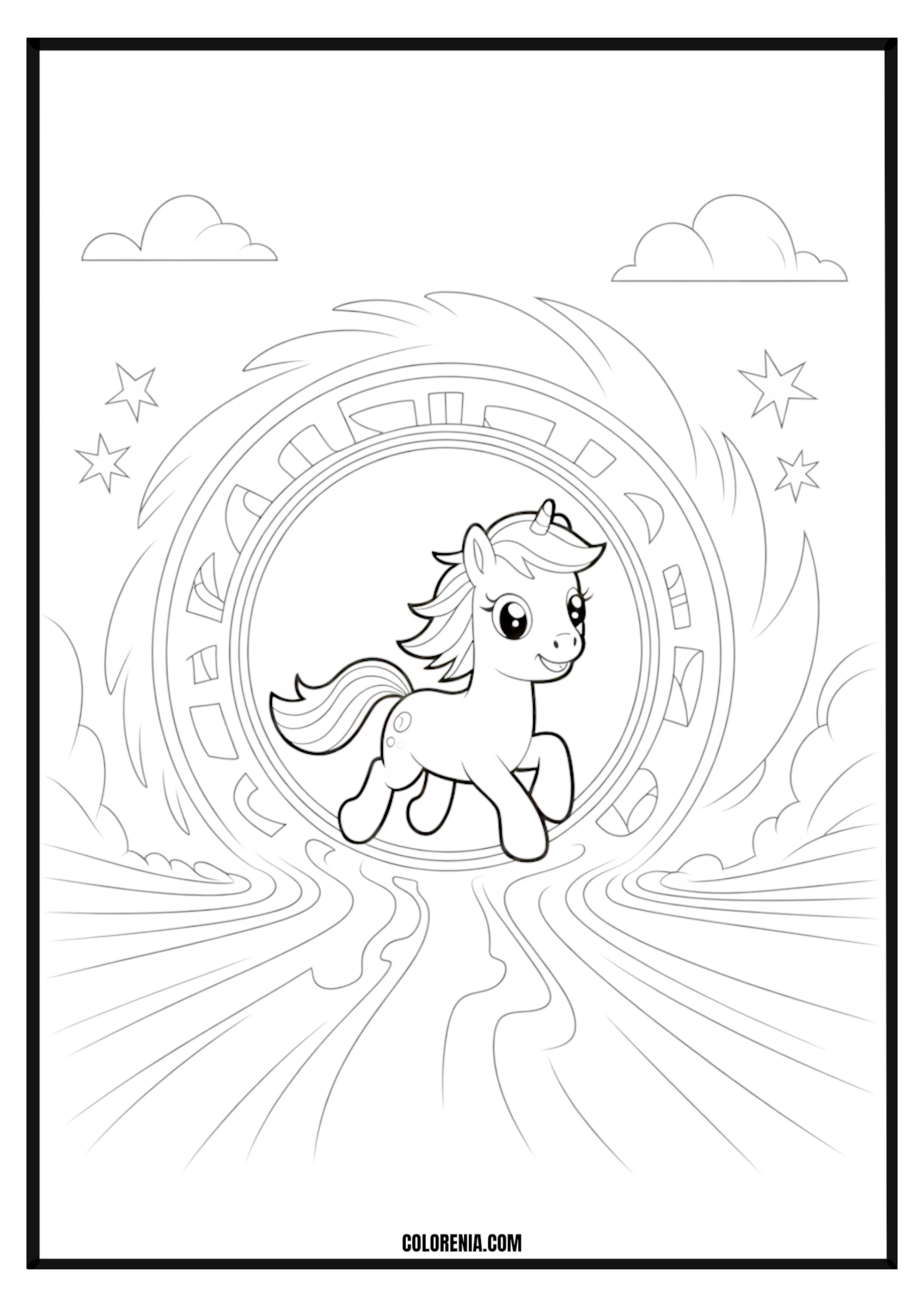 Unicorn Running Through Magical Portal Coloring Page Unicorn running through a magical portal coloring page.