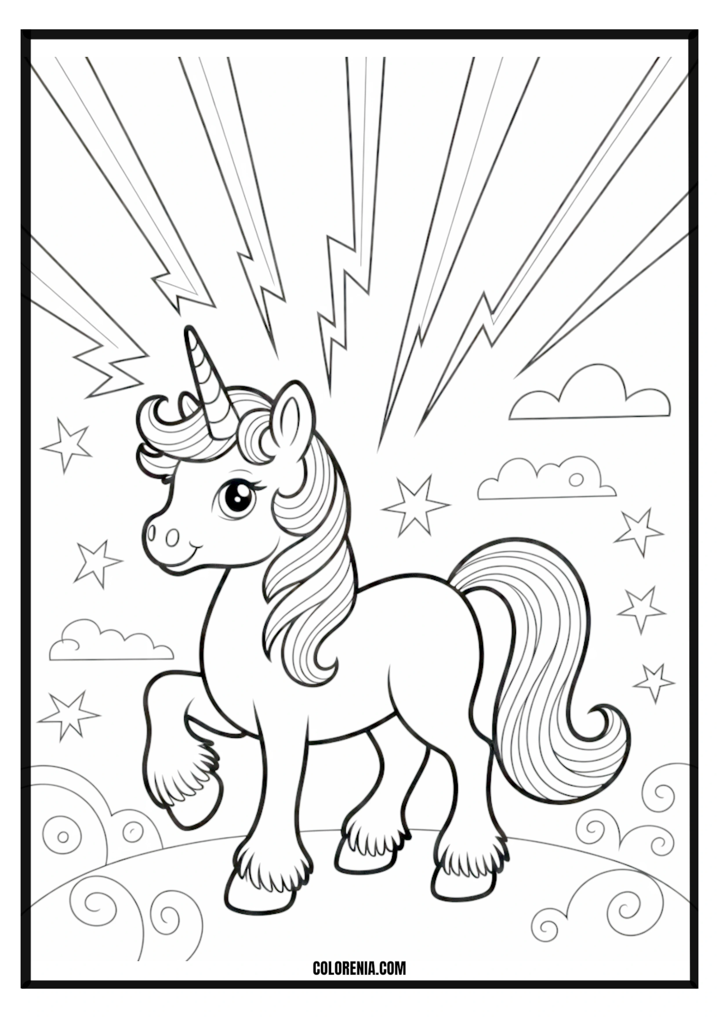 Unicorn with Stars and Lightning Coloring Page Unicorn with stars and lightning coloring page.