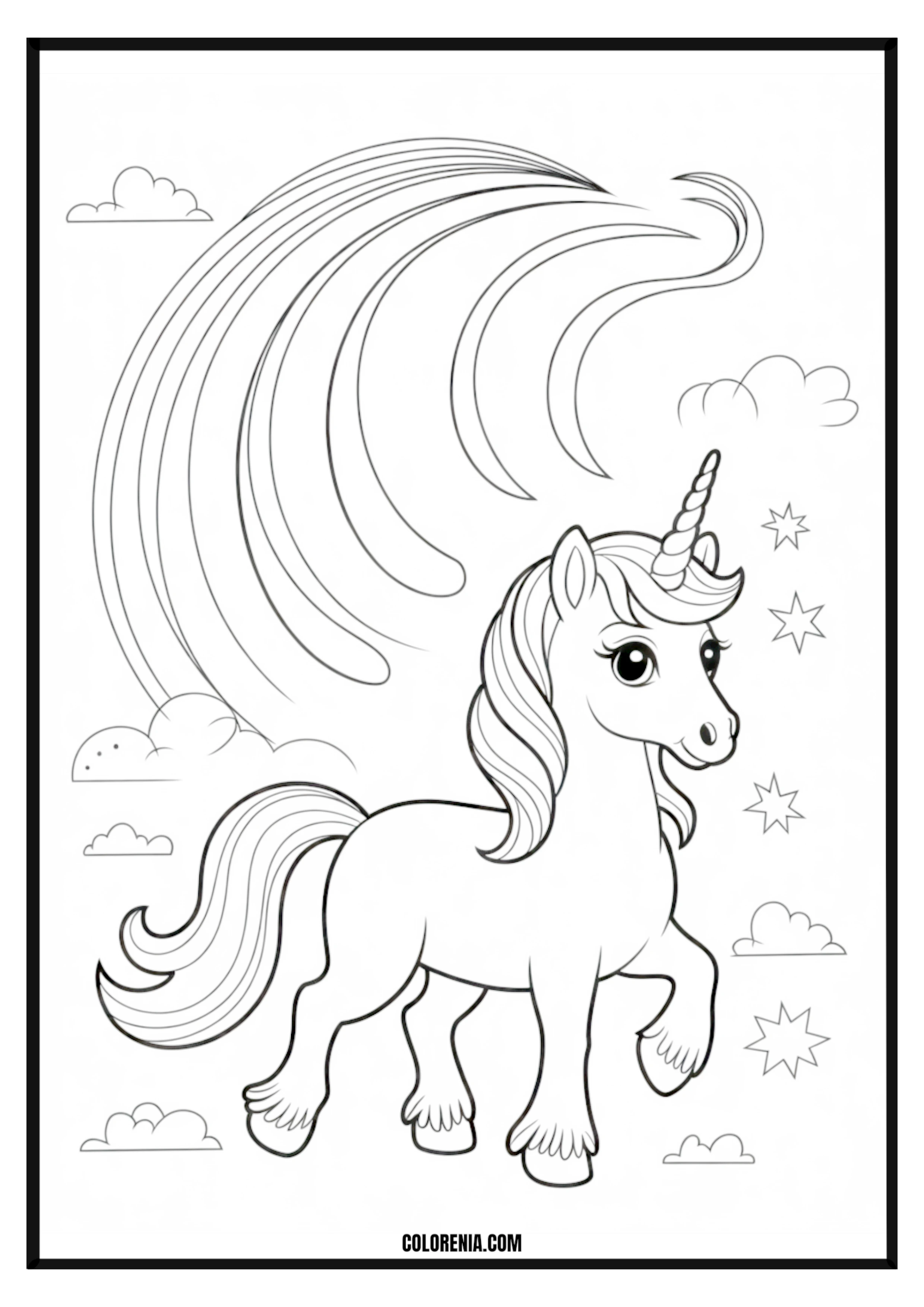 Unicorn with Rainbow and Stars Coloring Page Unicorn with rainbow and stars coloring page.