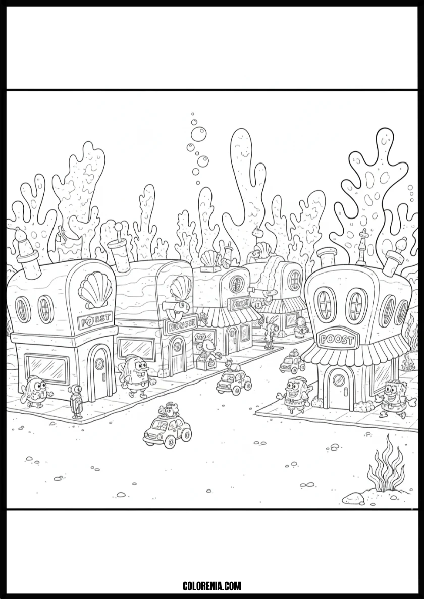 Whimsical Underwater Town Adventures Coloring Page