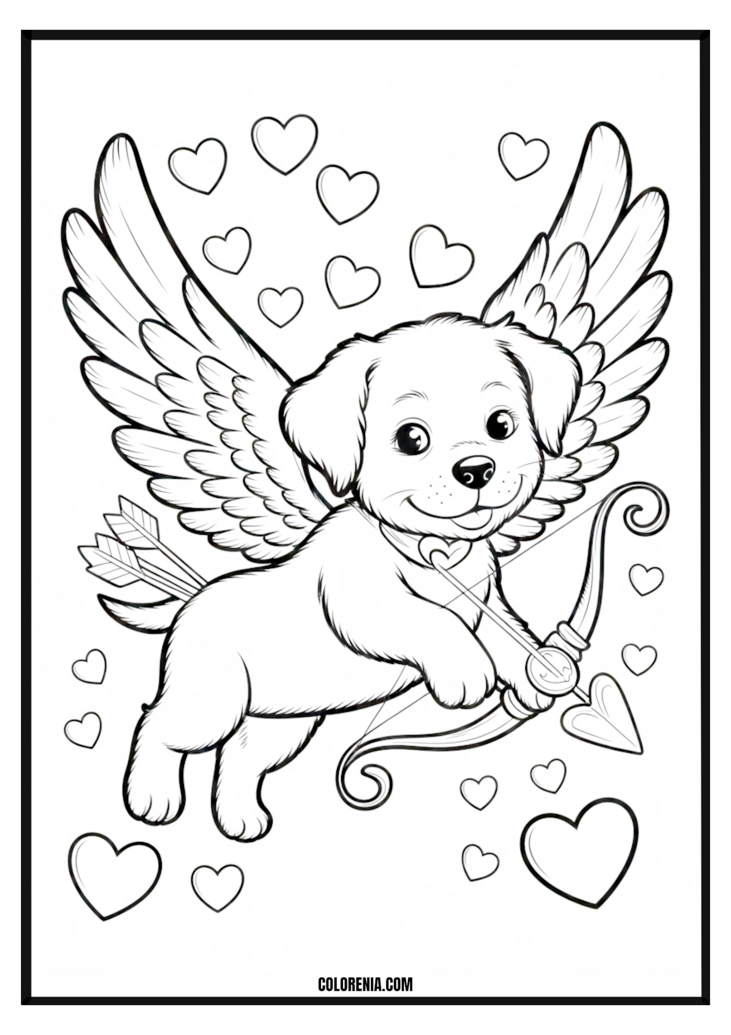 Printable Winged Puppy Cupid Coloring Page Winged puppy Cupid flying with a bow and arrow, romantic theme.