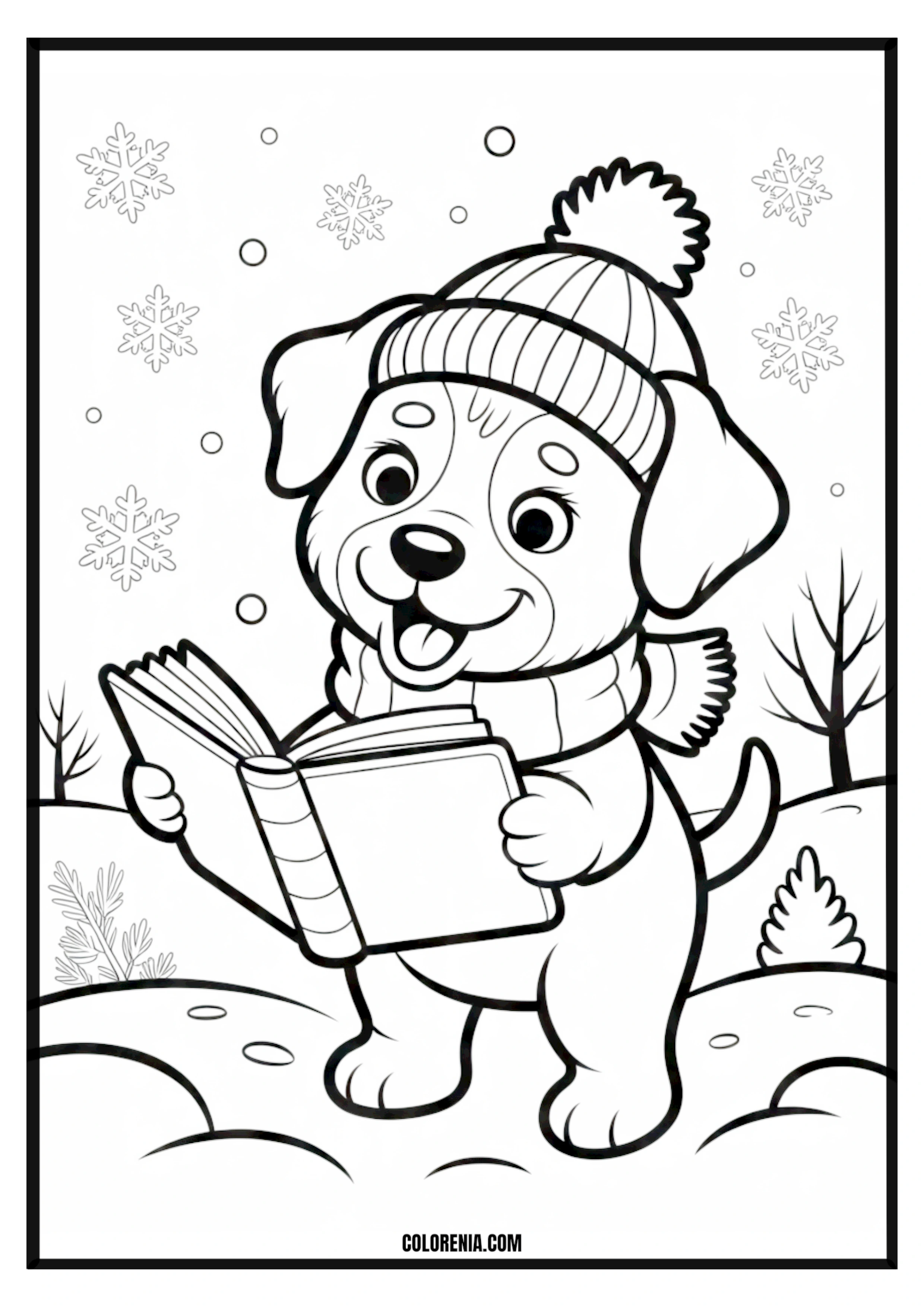 Printable Winter Puppy Reading Book Coloring Page Winter puppy reading a book by a cozy fireplace, festive scene.