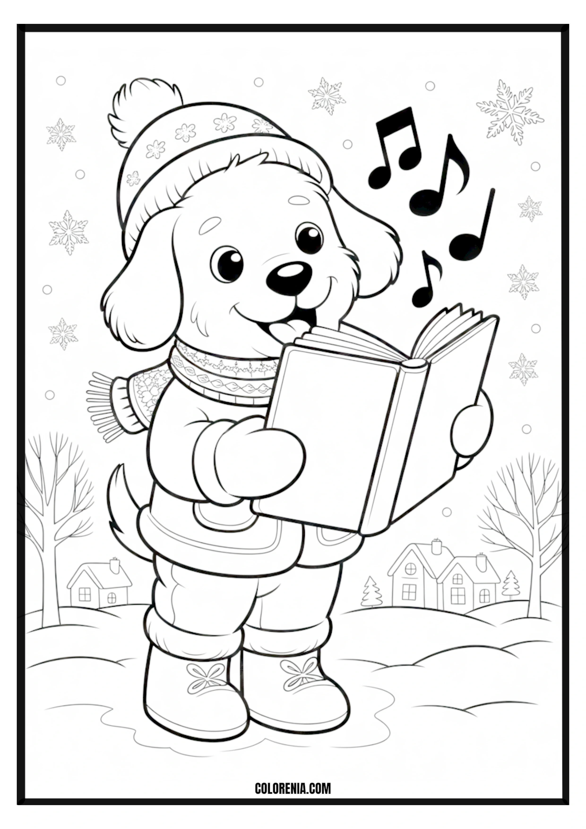 Printable Winter Puppy Singing Carols Coloring Page Winter puppy singing Christmas carols with musical notes, festive holiday.