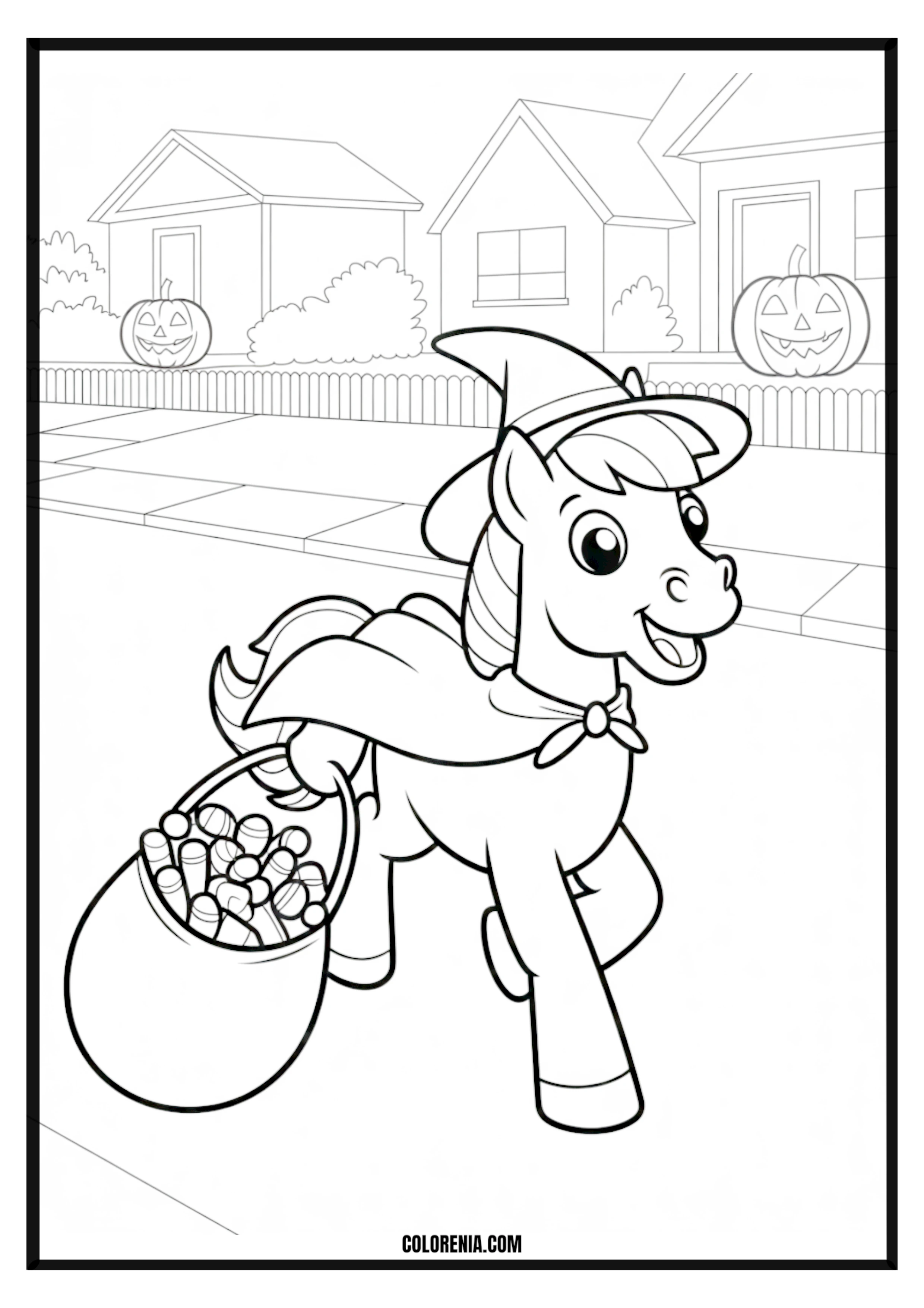 Witch Pony Trick or Treat Halloween Coloring Page Witch pony trick or treating for Halloween coloring page.